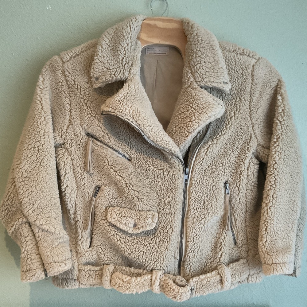 NWT Free People So Cozy Slouchy Moto Sherpa Fleece Jacket Black L  RET:$168